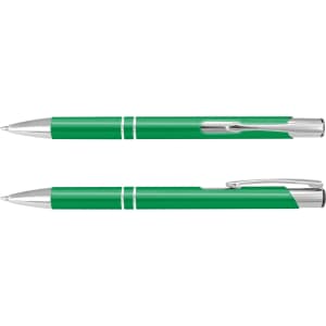 A metal pen with a green body and silver accents, featuring a logo on the clip.