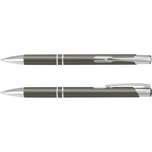 A metal pen with a dark green body and silver accents, featuring a logo.
