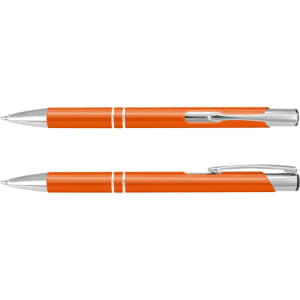 An orange metal pen with silver accents, featuring a logo on its side.