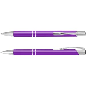 A purple metal pen with silver accents, featuring a sleek design and a clip for easy attachment.