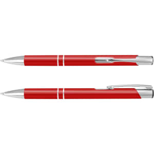A red metal pen featuring silver accents and a clip, presented in two views. It has a logo on the barrel.