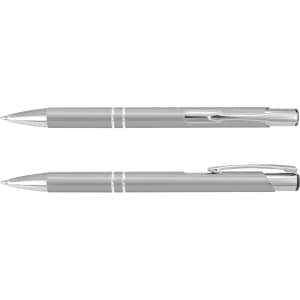 A silver metal pen with a sleek design, featuring a clip and chrome accents, along with an additional view of the pen.