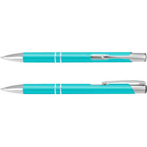 A metal pen in a vibrant turquoise colour, featuring silver accents and a sleek design.