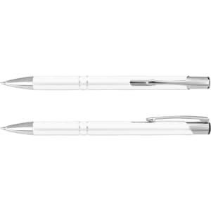 A metal pen in white with silver accents and a clip, featuring a sleek design and a logo.