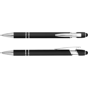 A black stylus pen with a sleek design and chrome accents, featuring a clip and a stylus tip.
