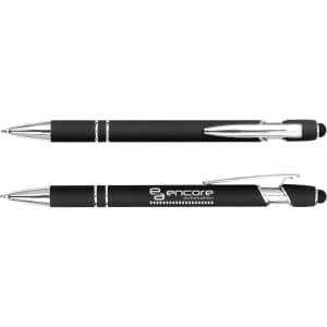 A black stylus pen with chrome accents and a branded logo on the barrel.