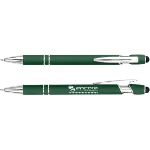 A green Colombo Stylus Pen featuring chrome accents and a soft touch grip, along with branding.
