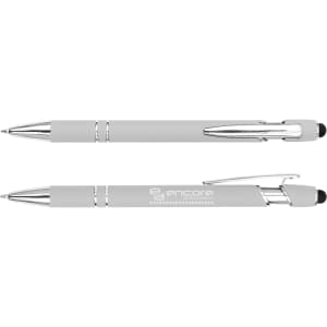 A grey stylus pen with chrome accents and a branding logo. Two styles are displayed, featuring smooth design elements.