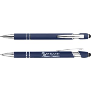 A stylus pen in navy blue with chrome accents and a logo, featuring both a ballpoint and a touch tip.
