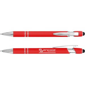 A red stylus pen with silver accents and a branding logo on the barrel.