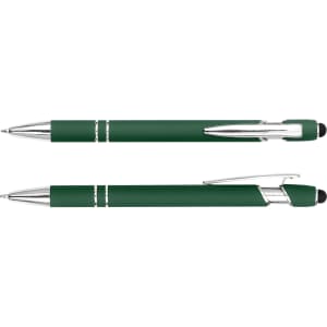 A green stylus pen with silver accents, featuring a retractable mechanism and a stylus tip.