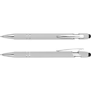 A grey stylus pen with chrome accents and a clip, featuring both a writing tip and a stylus tip.