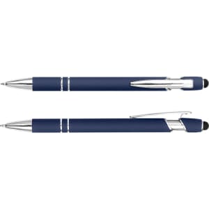 A navy blue stylus pen with silver accents and a clip, featuring a touchscreen tip.