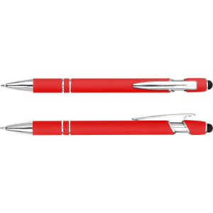 A red stylus pen with silver accents, featuring a touch tip for screens and a clip for easy carry.