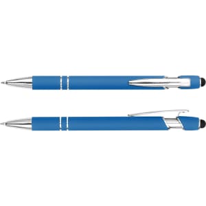 A blue stylus pen with chrome accents and a rubber tip for touchscreen use. Features a branding logo.