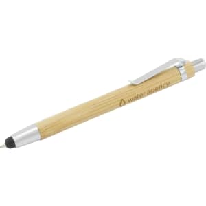 A bamboo pen with a silver clip, featuring a branding logo and a black rubber tip for comfort.
