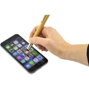 A bamboo and silver pen held above a smartphone screen displaying various app icons. The pen has a sleek design.
