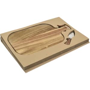 A wooden cheese board in a unique shape, featuring a cheese knife, packaged in a brown cardboard box.