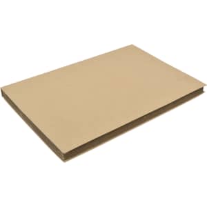 A stack of brown, unmarked cardboard sheets, neatly arranged with a slight inclination.