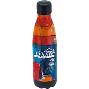 A drink bottle with an abstract design in blue, orange, and red, featuring a logo on the front.