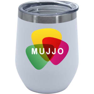 A travel mug with a double wall design, featuring a light grey exterior and a clear lid, with a colourful logo.