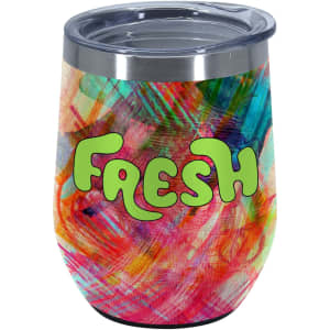 A travel mug featuring a vibrant, multicoloured design with a shiny silver lid and a branded logo.