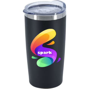 A travel mug with a double wall design, featuring a black exterior, clear lid, and a colourful logo.