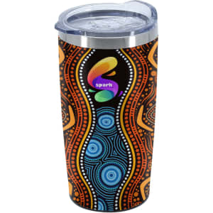 A travel mug featuring a vibrant design with orange, blue, and black patterns. It has a clear lid and a logo.