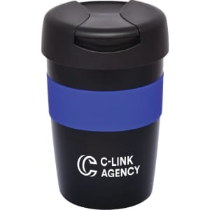 A travel mug with a black body and a blue band, featuring a logo on the front and a secure lid.