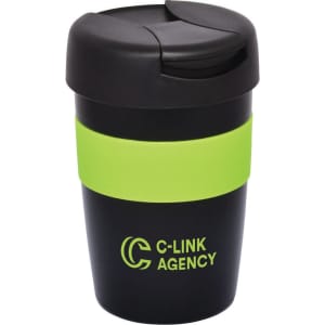 A double wall travel mug in black with a green silicone band, featuring a logo.