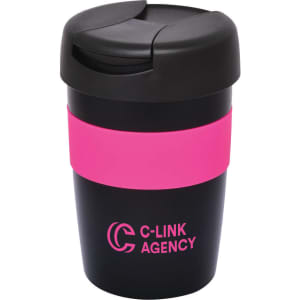 A travel mug featuring a black body with a pink band and a black lid, complete with a logo.