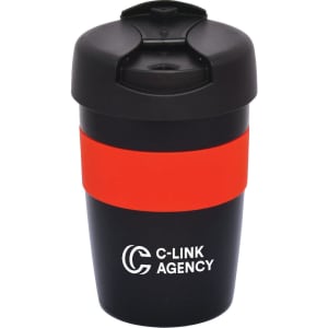 A travel mug featuring a black body with a red band and a lid, displaying a logo on the front.