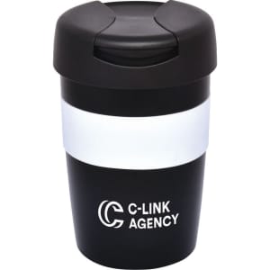 A black double wall travel mug with a white band and a lid, featuring a logo.