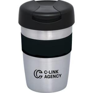 A double wall travel mug in stainless steel with a black silicone grip and lid, featuring a logo.