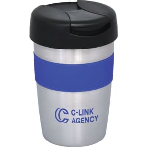 A double wall travel mug featuring a stainless-steel body, blue silicone grip, and black lid. It has a logo.