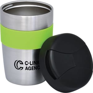 A double wall travel mug in stainless steel with a green silicone grip and a black lid, featuring a logo.