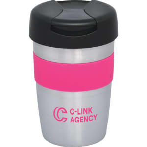 A travel mug with a stainless steel body, a black lid, and a pink silicone grip. It features a logo.