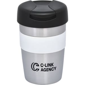 A travel mug with a stainless steel body, black lid, and white silicone band featuring a logo.