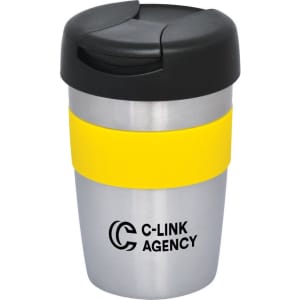 A double wall travel mug in silver and black with a yellow silicone grip and a logo on the front.