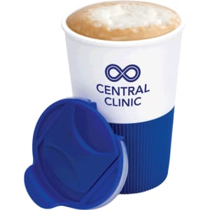 A coffee mug featuring a blue silicone grip and lid, with a white body and a logo on it.