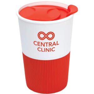 A coffee mug featuring a red lid and ribbed red base with a white upper section. Includes a logo on the front.