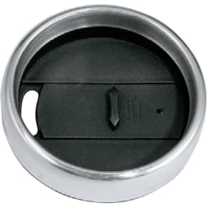 A drink bottle lid featuring a metallic edge and a black inner seal, designed for a travel mug.