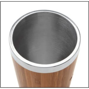 A bamboo travel mug with a stainless steel interior and a sleek design. It features a branding logo.