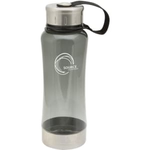 A drink bottle in grey with a silver lid and a strap, featuring a logo on the side.