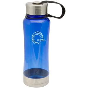 A drink bottle in blue with a silver base and lid, featuring a logo. Ideal for hydration on the go.