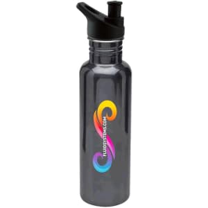 A drink bottle in dark grey stainless steel with a black spout and a logo design.