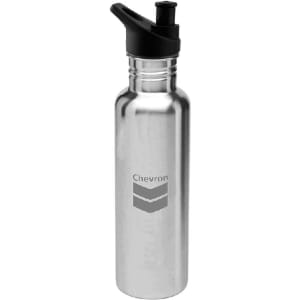 A stainless steel drink bottle featuring a black spout cap and a logo. Polished silver finish.