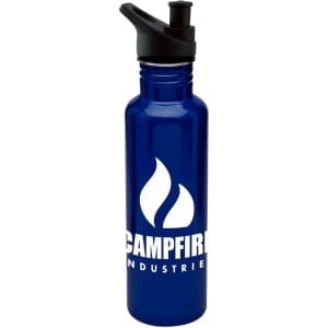 A drink bottle in navy blue with a black lid and a logo on the front.