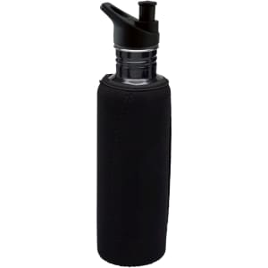 A drink bottle in black stainless steel with a black neoprene sleeve and a drinking spout, featuring a logo.