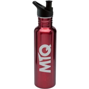 A drink bottle in a shiny red finish featuring a black spout and a logo. Made from stainless steel.
